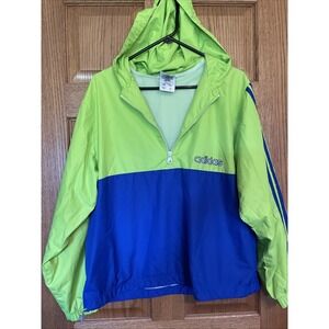 Adidas Vintage Windbreaker Jacket Lime Green Blue Colorblock Half Zip Mens L
